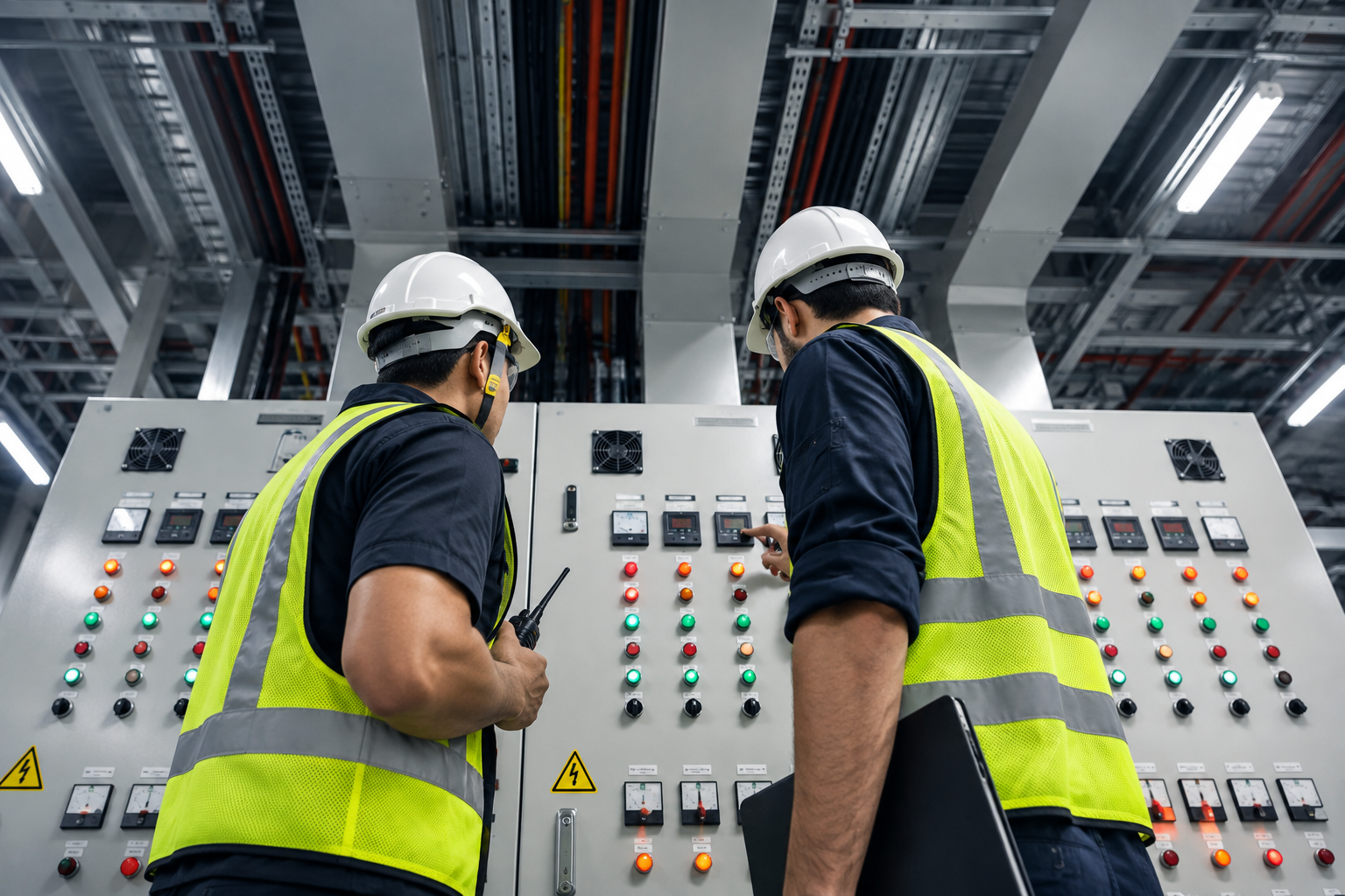 Engineers inspecting a control panel