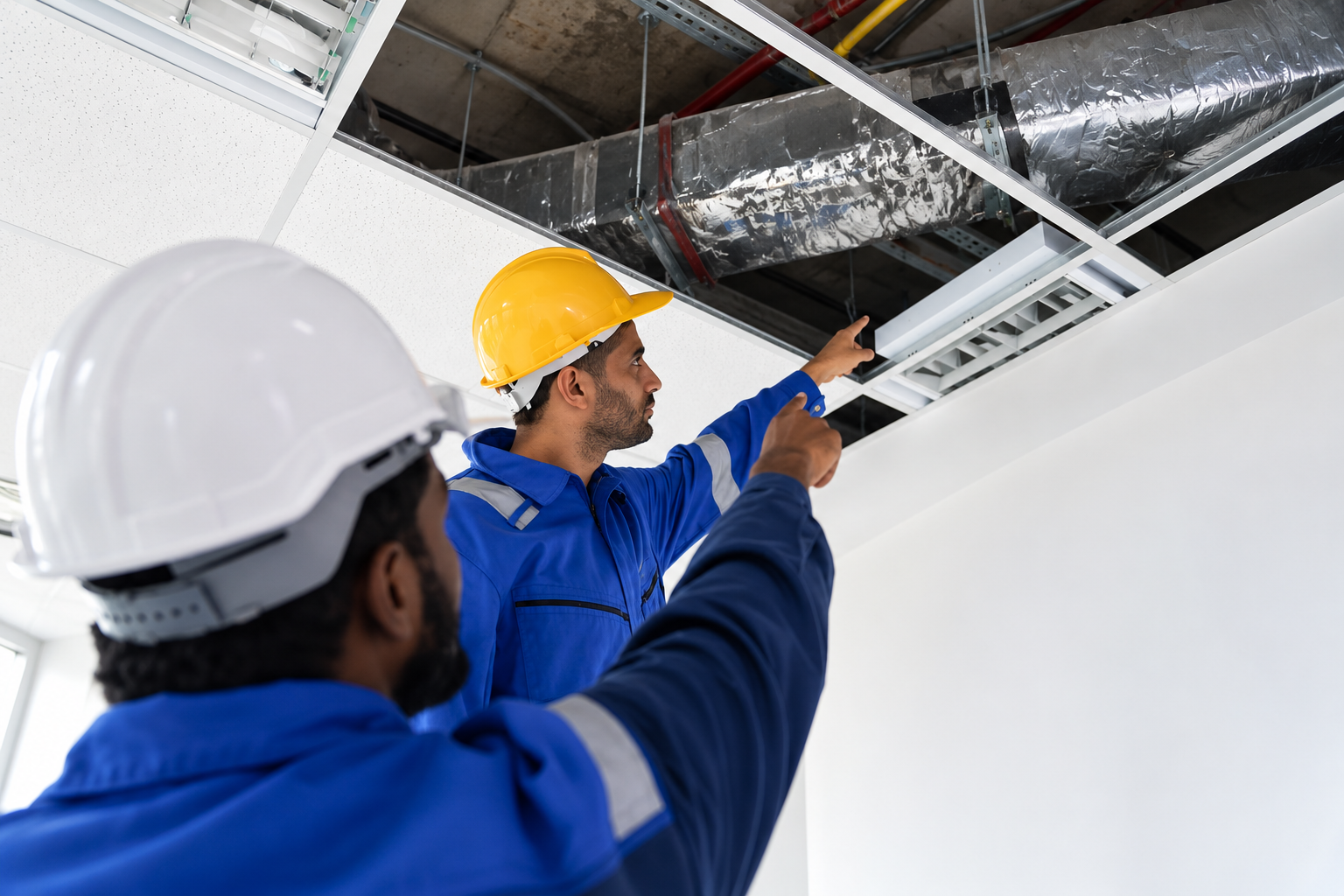Engineers inspecting HVAC ductwork
