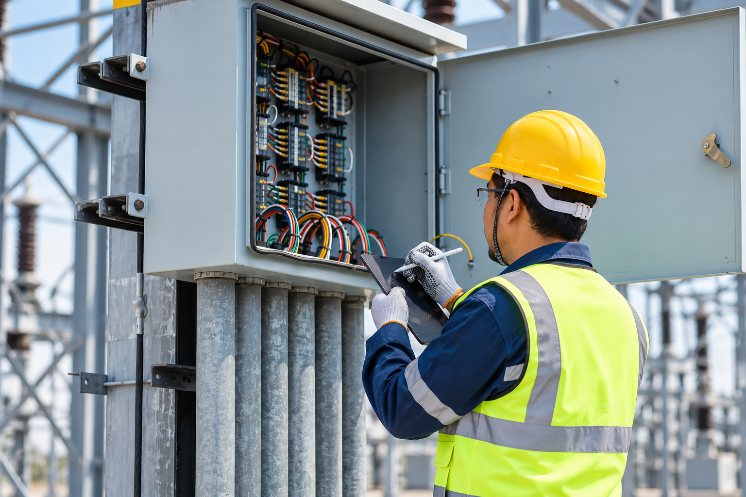 Field engineer inspecting a substation with a tablet